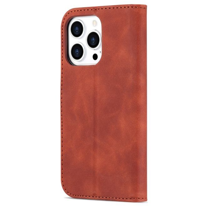 AZNS - iPhone 15 Pro Hülle - Leder Bookcover - mit Kartenfach und Standfunktion - Wallet Stand Series - braun