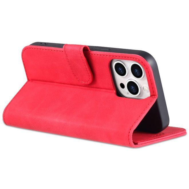 AZNS - iPhone 15 Pro Hülle - Leder Bookcover - mit Kartenfach und Standfunktion - Wallet Stand Series - rot