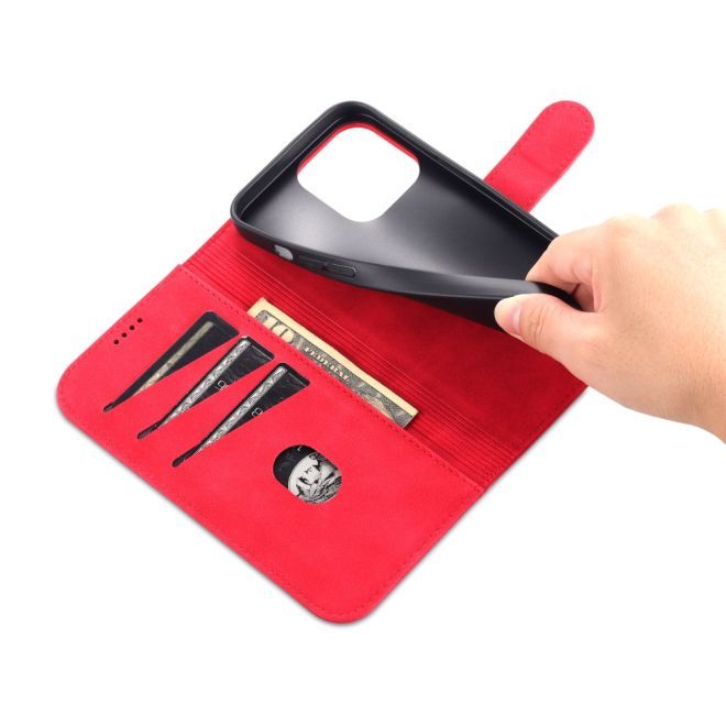 AZNS - iPhone 15 Pro Hülle - Leder Bookcover - mit Kartenfach und Standfunktion - Wallet Stand Series - rot