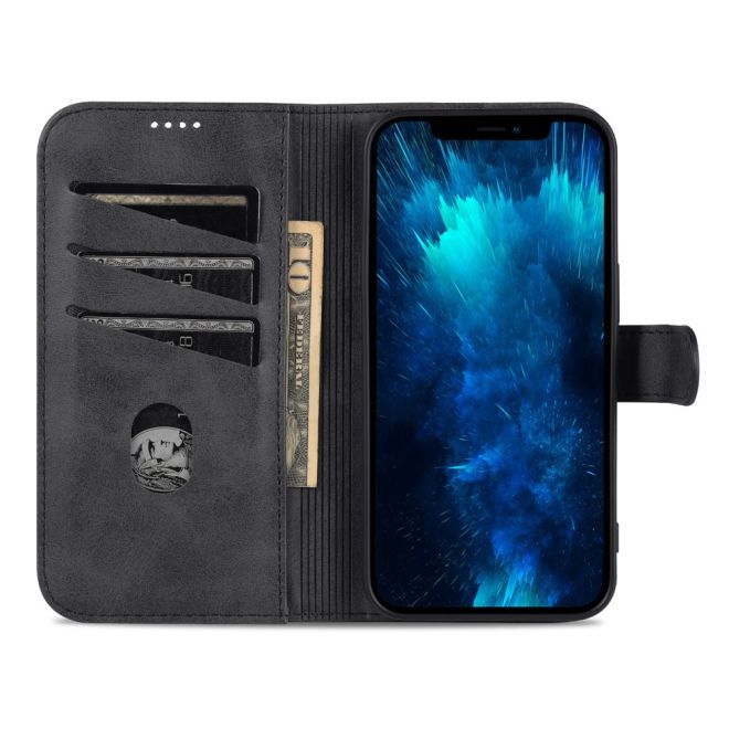 AZNS - iPhone 15 Pro Hülle - Leder Bookcover - mit Kartenfach und Standfunktion - Wallet Stand Series - schwarz
