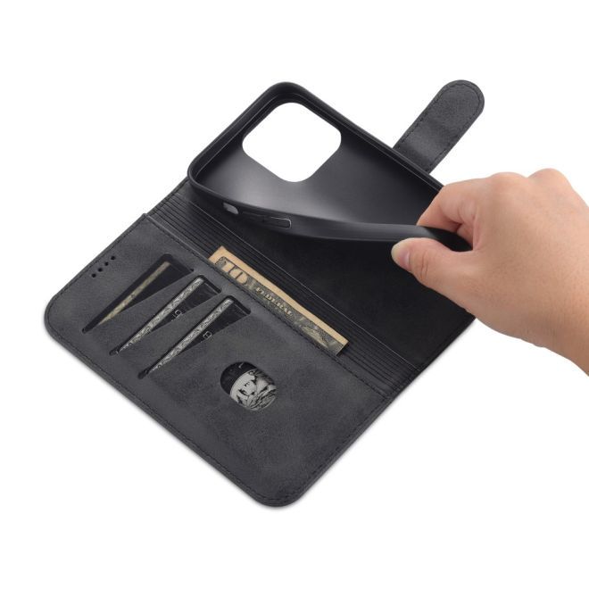 AZNS - iPhone 15 Pro Hülle - Leder Bookcover - mit Kartenfach und Standfunktion - Wallet Stand Series - schwarz