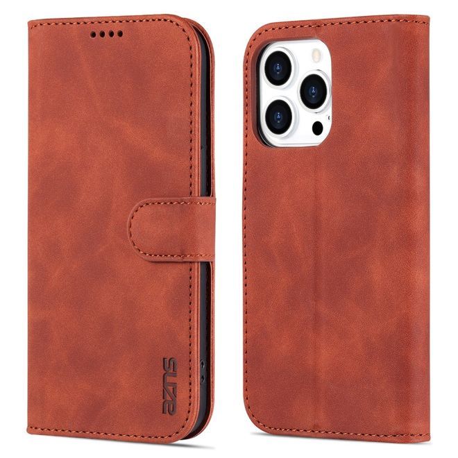 AZNS - iPhone 15 Pro Max Hülle - Leder Bookcover - mit Kartenfach und Standfunktion - Wallet Stand Series - braun