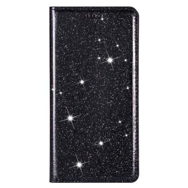 Étui pour iPhone 15 Pro - Couverture livre en cuir pailleté - Collection Support à sequins - Noir