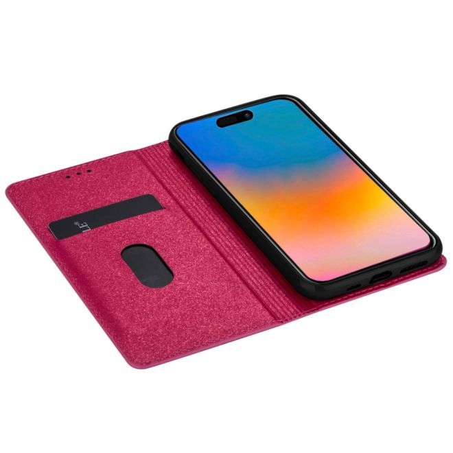 Étui pour iPhone 15 Pro - Couverture livre en cuir pailleté - Collection Support à sequins - Rose