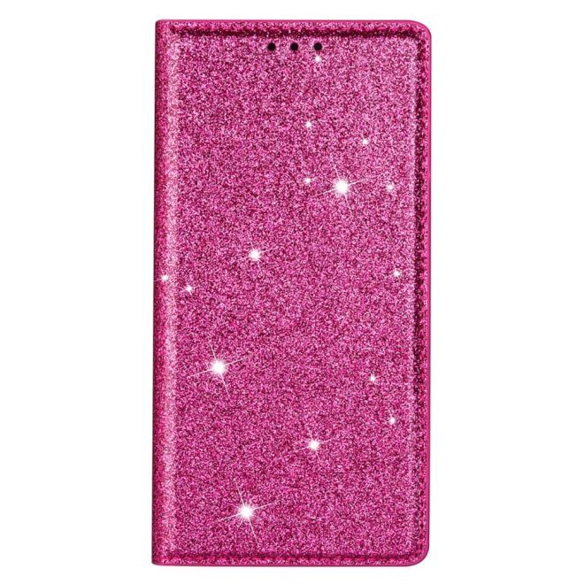 Étui pour iPhone 15 Pro - Couverture livre en cuir pailleté - Collection Support à sequins - Rose