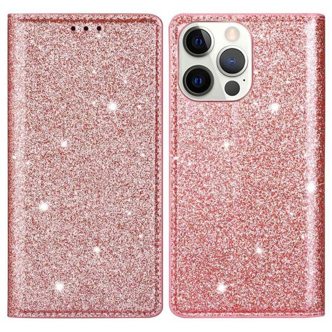 iPhone 15 Pro Case - Glittering Leather Book Cover - Glitter Sequins Stand Series - Rose Gold