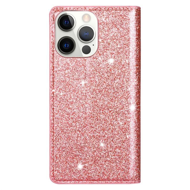 iPhone 15 Pro Case - Glittering Leather Book Cover - Glitter Sequins Stand Series - Rose Gold