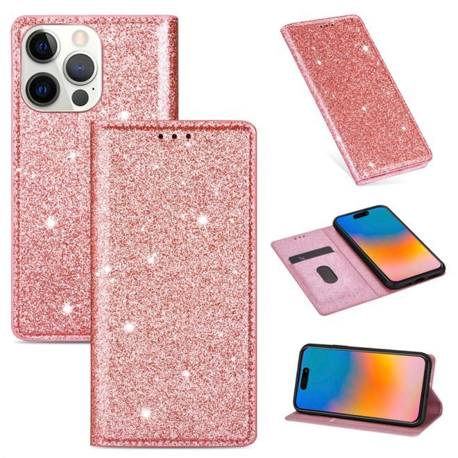 iPhone 15 Pro Case - Glittering Leather Book Cover - Glitter Sequins Stand Series - Rose Gold