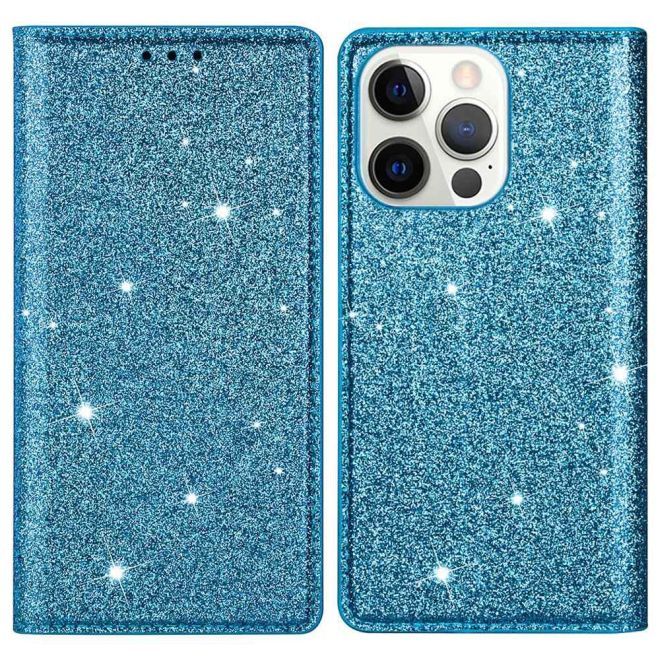 iPhone 15 Pro Case - Glittering Leather Book Cover - Glitter Sequins Stand Series - Blue