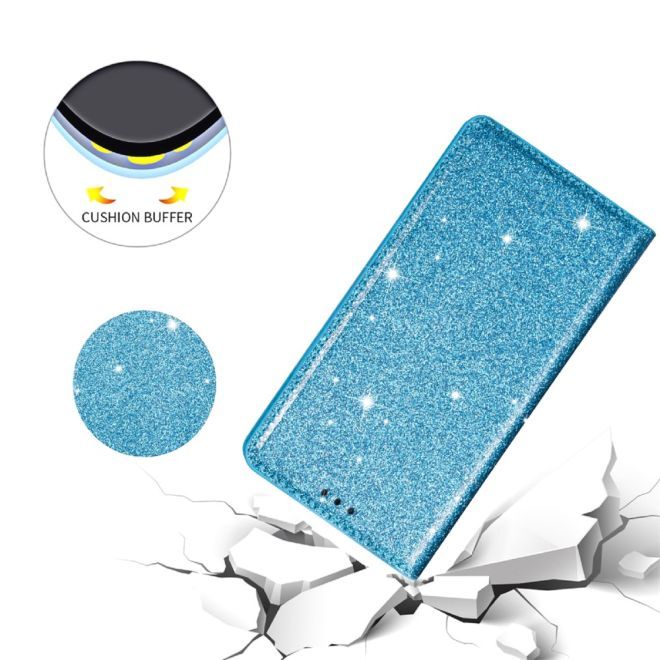 iPhone 15 Pro Case - Glittering Leather Book Cover - Glitter Sequins Stand Series - Blue