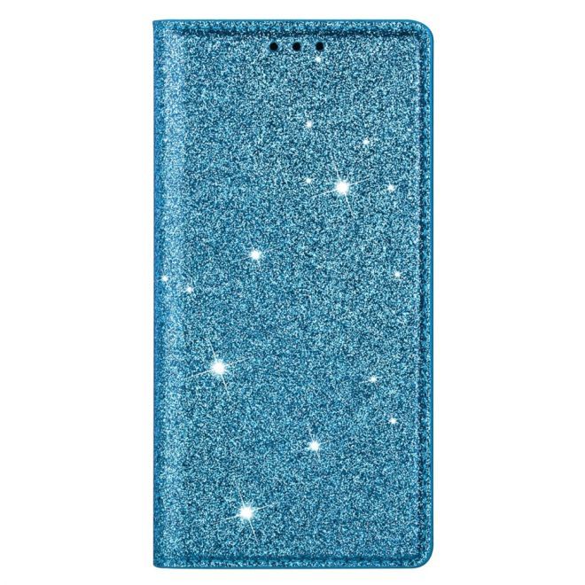 iPhone 15 Pro Case - Glittering Leather Book Cover - Glitter Sequins Stand Series - Blue