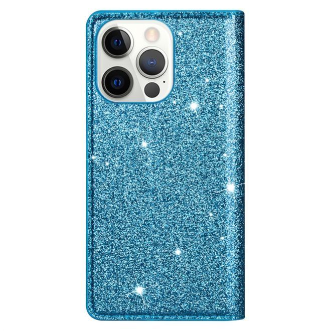 iPhone 15 Pro Case - Glittering Leather Book Cover - Glitter Sequins Stand Series - Blue