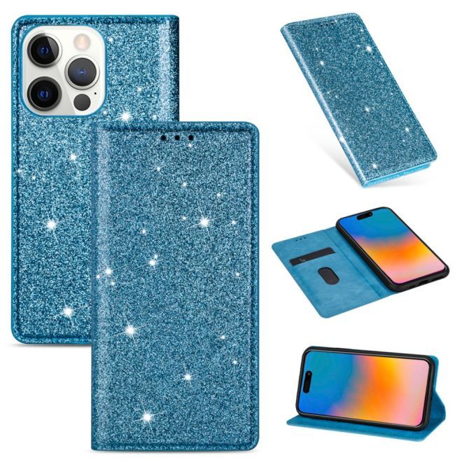 iPhone 15 Pro Case - Glittering Leather Book Cover - Glitter Sequins Stand Series - Blue