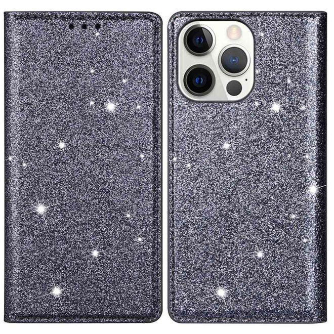 iPhone 15 Pro Case - Glittering Leather Book Cover - Glitter Sequins Stand Series - Grey