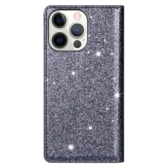 iPhone 15 Pro Case - Glittering Leather Book Cover - Glitter Sequins Stand Series - Grey