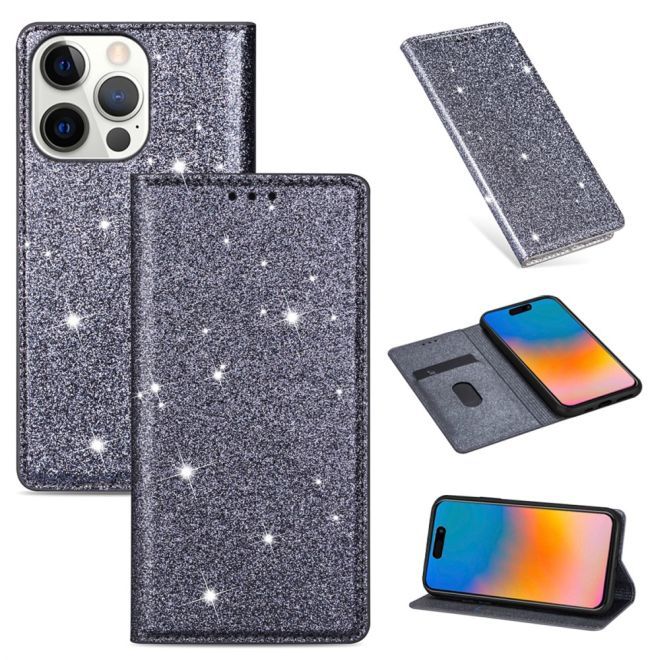 iPhone 15 Pro Case - Glittering Leather Book Cover - Glitter Sequins Stand Series - Grey