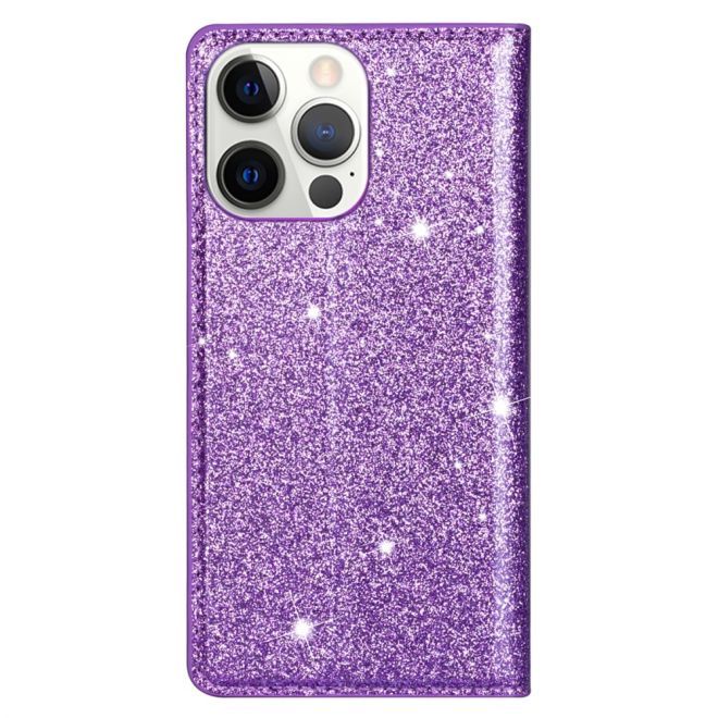 iPhone 15 Pro Case - Glittering Leather Book Cover - Glitter Sequins Stand Series - Purple