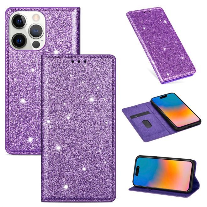iPhone 15 Pro Case - Glittering Leather Book Cover - Glitter Sequins Stand Series - Purple