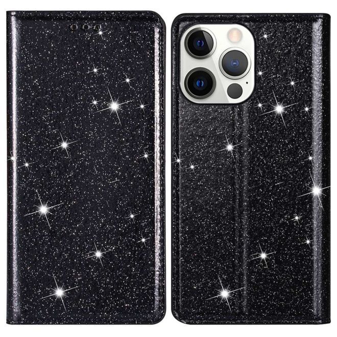 iPhone 15 Pro Max Case - Glittering Leather Book Cover - Glitter Sequins Stand Series - Black