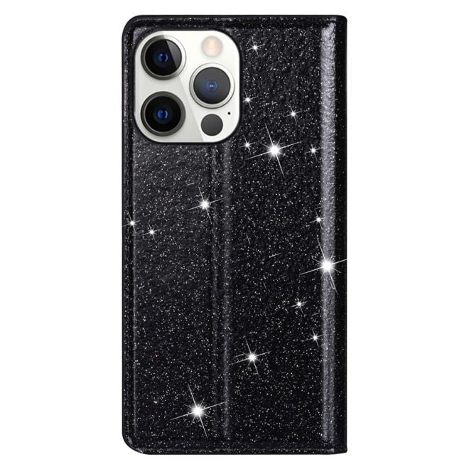 iPhone 15 Pro Max Case - Glittering Leather Book Cover - Glitter Sequins Stand Series - Black