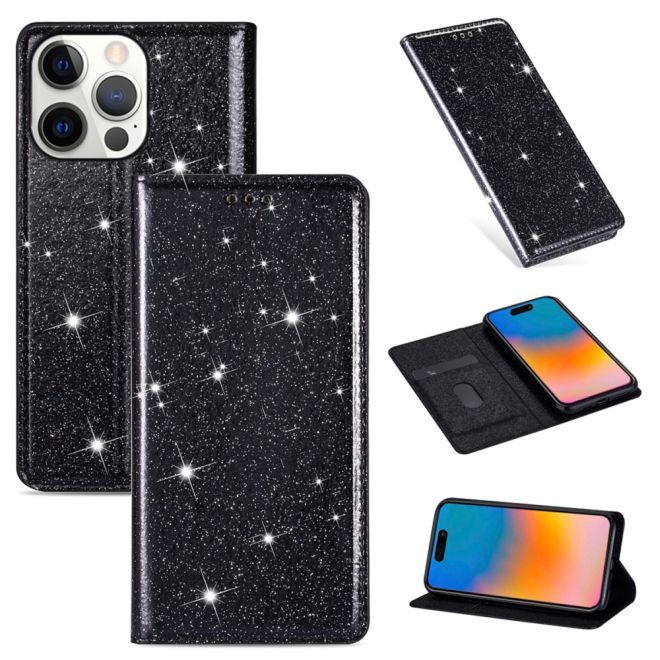 iPhone 15 Pro Max Case - Glittering Leather Book Cover - Glitter Sequins Stand Series - Black