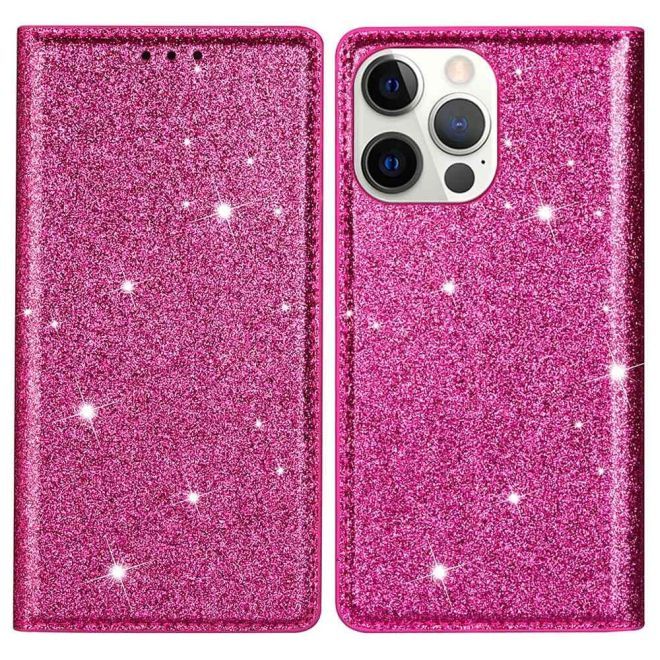 iPhone 15 Pro Max Case - Glittering Leather Book Cover - Glitter Sequins Stand Series - Pink