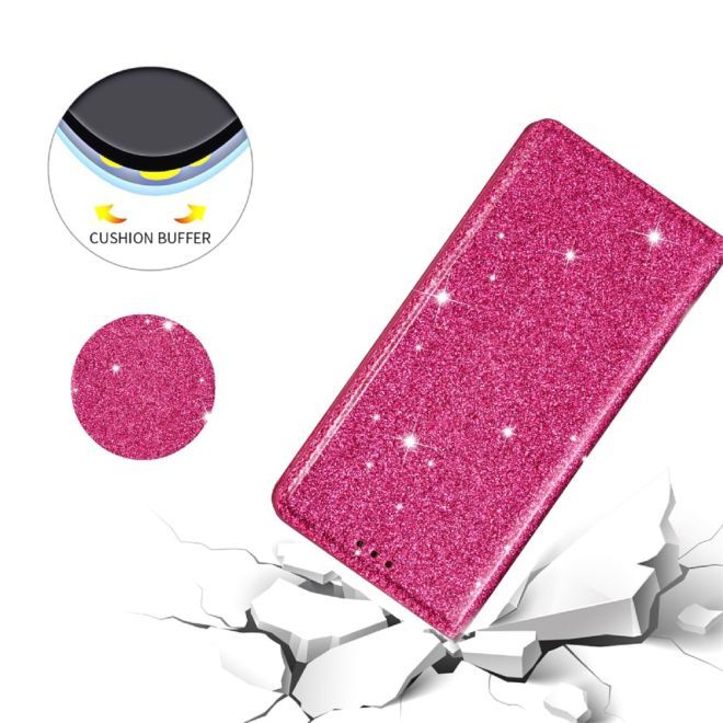 iPhone 15 Pro Max Case - Glittering Leather Book Cover - Glitter Sequins Stand Series - Pink