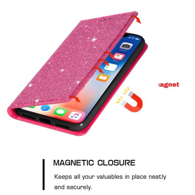 iPhone 15 Pro Max Case - Glittering Leather Book Cover - Glitter Sequins Stand Series - Pink