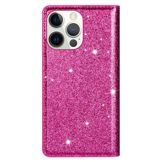 iPhone 15 Pro Max Case - Glittering Leather Book Cover - Glitter Sequins Stand Series - Pink