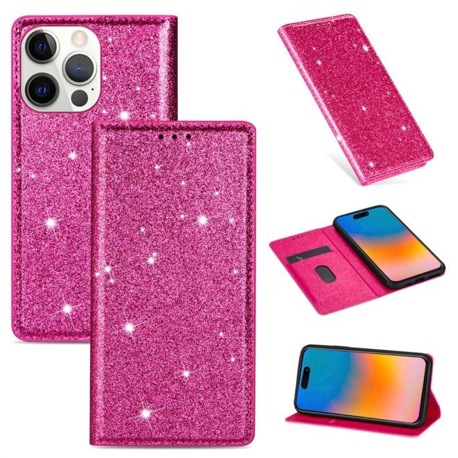 iPhone 15 Pro Max Case - Glittering Leather Book Cover - Glitter Sequins Stand Series - Pink