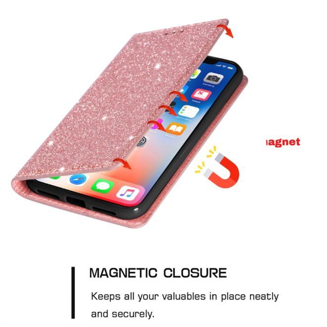 iPhone 15 Pro Max Case - Glittering Leather Book Cover - Glitter Sequins Stand Series - Rose Gold
