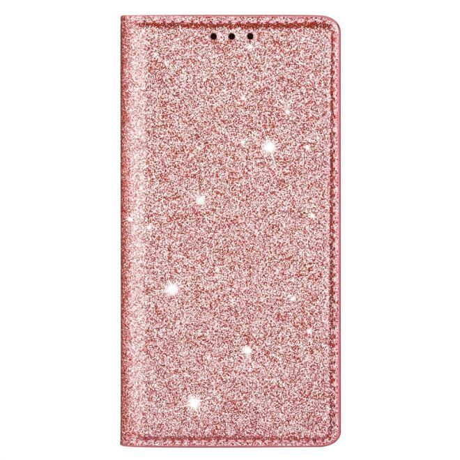 iPhone 15 Pro Max Case - Glittering Leather Book Cover - Glitter Sequins Stand Series - Rose Gold