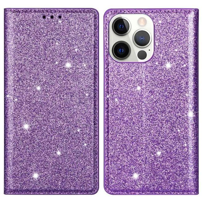 Étui pour iPhone 15 Pro Max - Couverture livre en cuir pailleté - Collection Support à sequins - Violet