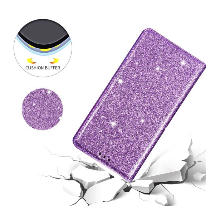 Étui pour iPhone 15 Pro Max - Couverture livre en cuir pailleté - Collection Support à sequins - Violet