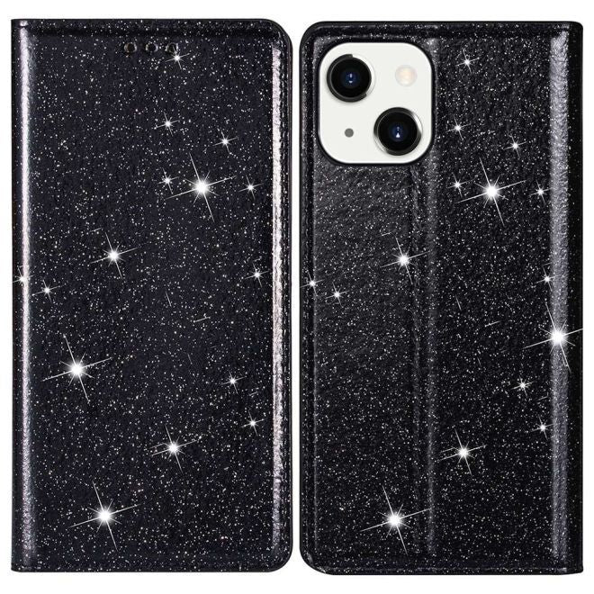 Étui pour iPhone 15 Plus - Couverture livre en cuir pailleté - Collection Support à sequins - Noir
