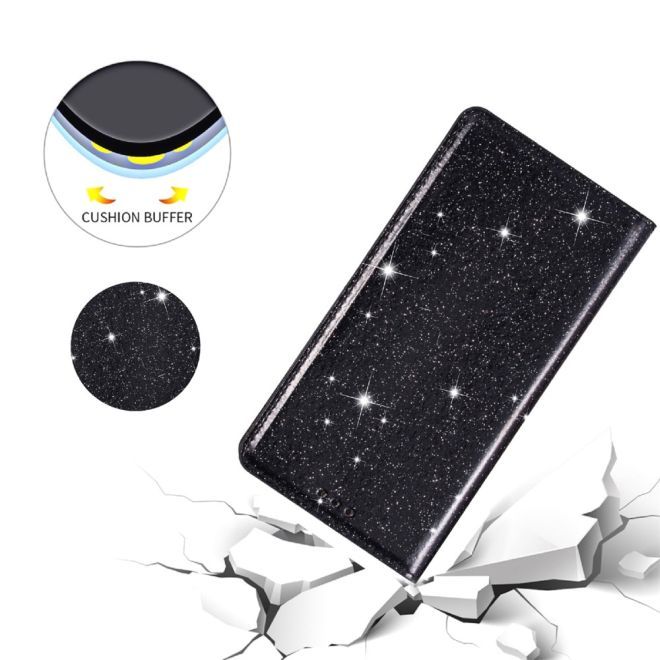Étui pour iPhone 15 Plus - Couverture livre en cuir pailleté - Collection Support à sequins - Noir