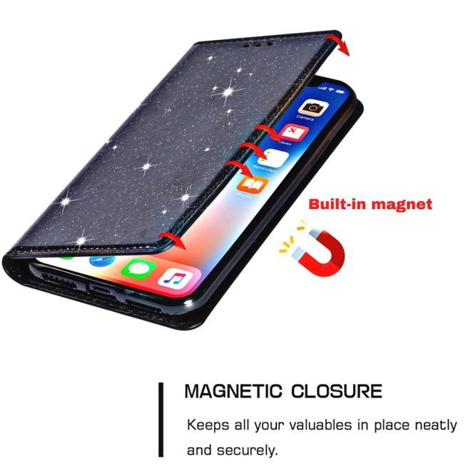 Étui pour iPhone 15 Plus - Couverture livre en cuir pailleté - Collection Support à sequins - Noir