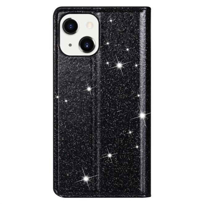 Étui pour iPhone 15 Plus - Couverture livre en cuir pailleté - Collection Support à sequins - Noir
