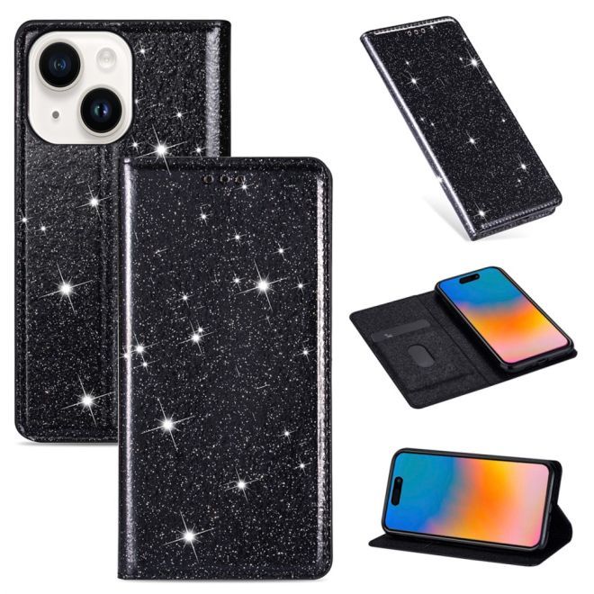 Étui pour iPhone 15 Plus - Couverture livre en cuir pailleté - Collection Support à sequins - Noir