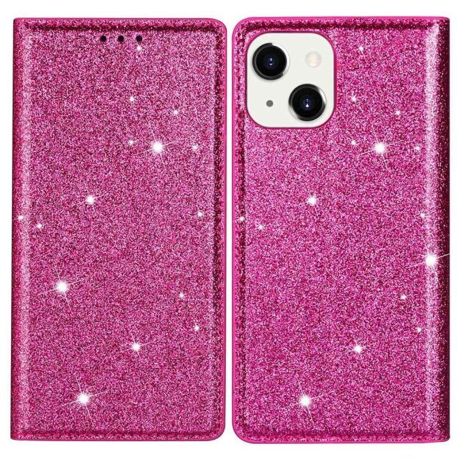 Étui pour iPhone 15 Plus - Couverture livre en cuir pailleté - Collection support à sequins pailletés - Rose