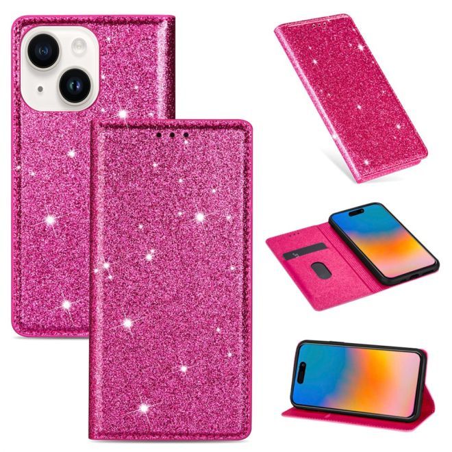 Étui pour iPhone 15 Plus - Couverture livre en cuir pailleté - Collection support à sequins pailletés - Rose