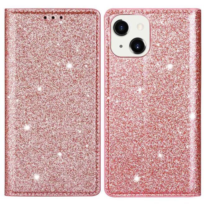 iPhone 15 Plus Case - Glittering Leather Book Cover - Glitter Sequins Stand Series - Rose Gold