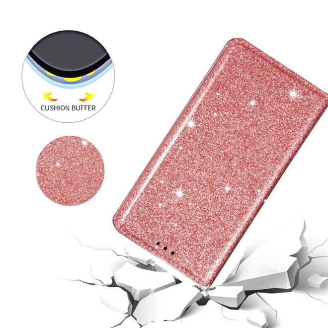 iPhone 15 Plus Case - Glittering Leather Book Cover - Glitter Sequins Stand Series - Rose Gold