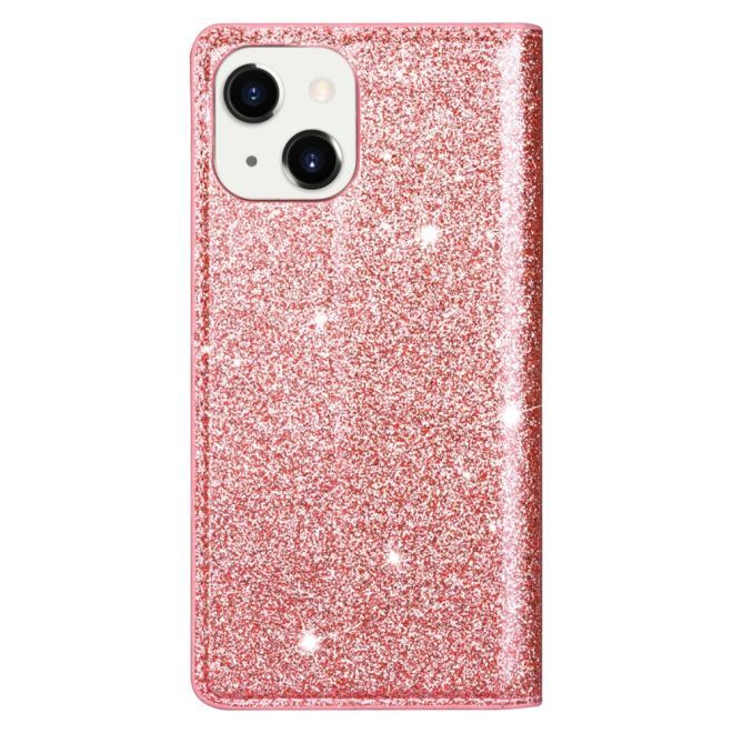 iPhone 15 Plus Case - Glittering Leather Book Cover - Glitter Sequins Stand Series - Rose Gold
