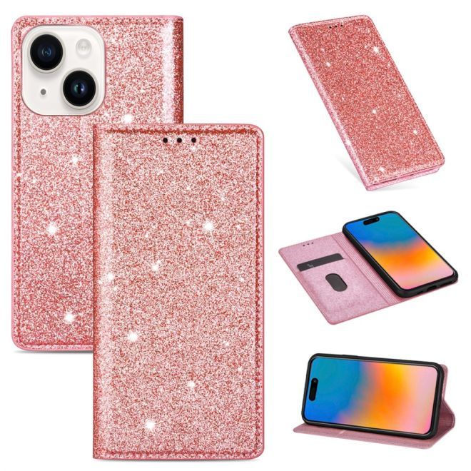 iPhone 15 Plus Case - Glittering Leather Book Cover - Glitter Sequins Stand Series - Rose Gold