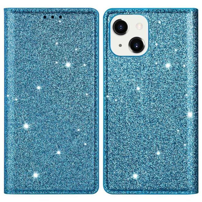 Étui pour iPhone 15 Plus - Couverture livre en cuir pailleté - Collection Support à sequins - Bleu