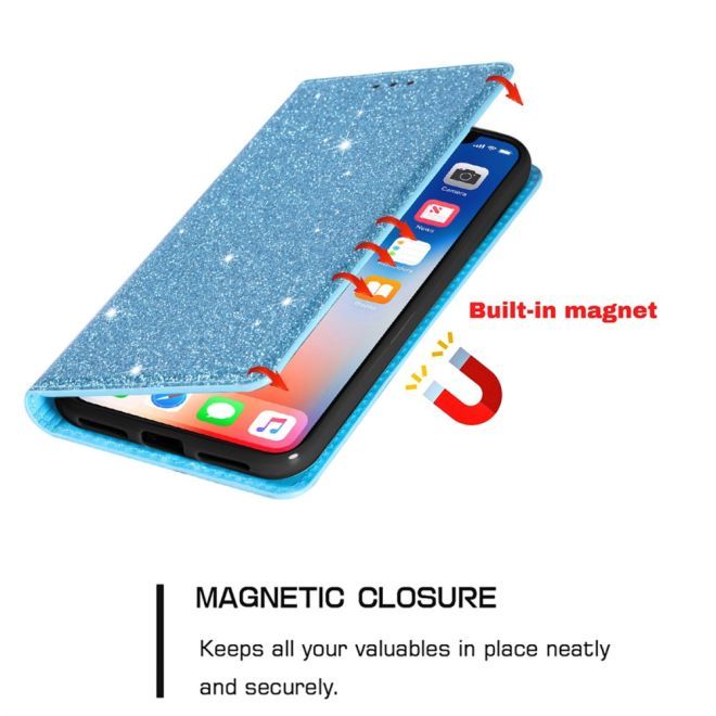 Étui pour iPhone 15 Plus - Couverture livre en cuir pailleté - Collection Support à sequins - Bleu