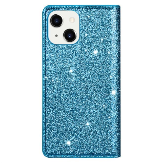 Étui pour iPhone 15 Plus - Couverture livre en cuir pailleté - Collection Support à sequins - Bleu