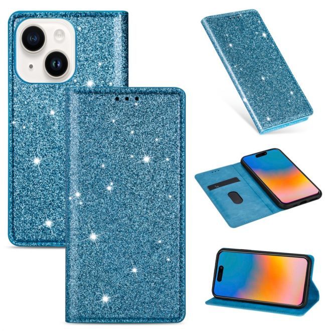 Étui pour iPhone 15 Plus - Couverture livre en cuir pailleté - Collection Support à sequins - Bleu