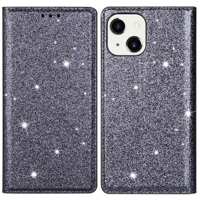 iPhone 15 Plus Case - Glittering Leather Book Cover - Glitter Sequins Stand Series - Grey